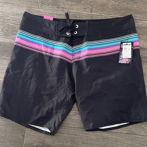 NWT Women’s Burnside Black Board Shorts with Pink and Blue Stripes - Picture 1 of 5